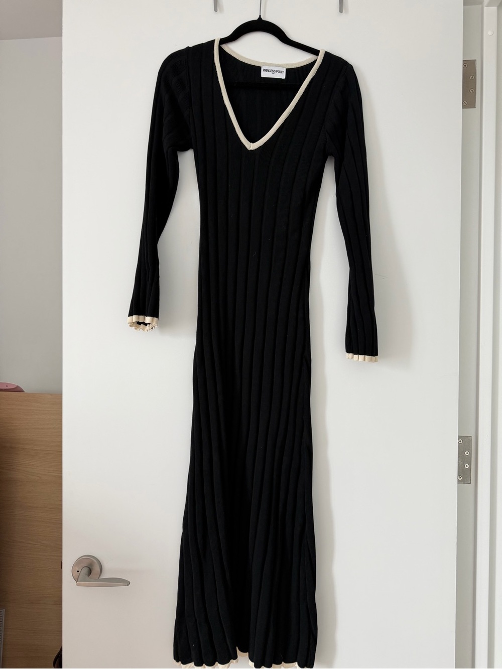 Peppermayo Black Ribbed V-Neck Maxi Dress with Cream Trim